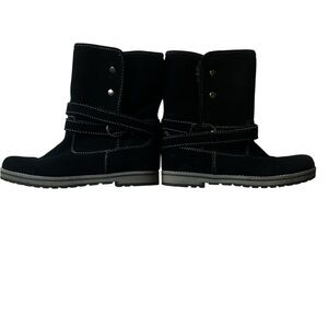 Women’s boots black suede short boots faux fur lined wrap detail 8.5